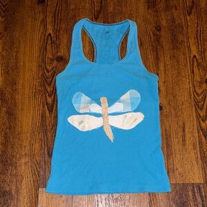 Upcycled Blue Tank Top with Dragonfly Patchwork Design